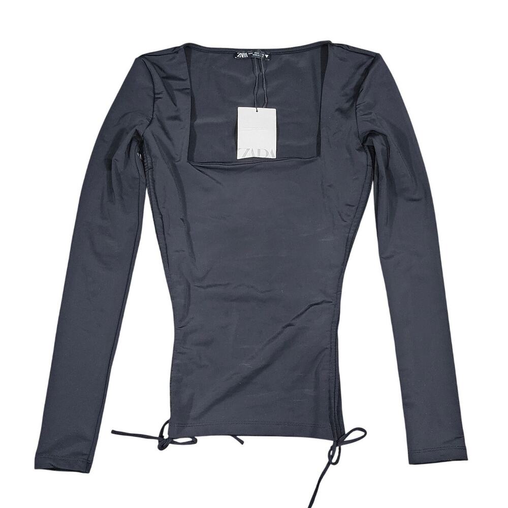 ZARA WOMEN'S RUCHED SIDE LONG‑SLEEVE SQUARE‑NECK TOP – BLACK – SIZE SMALL